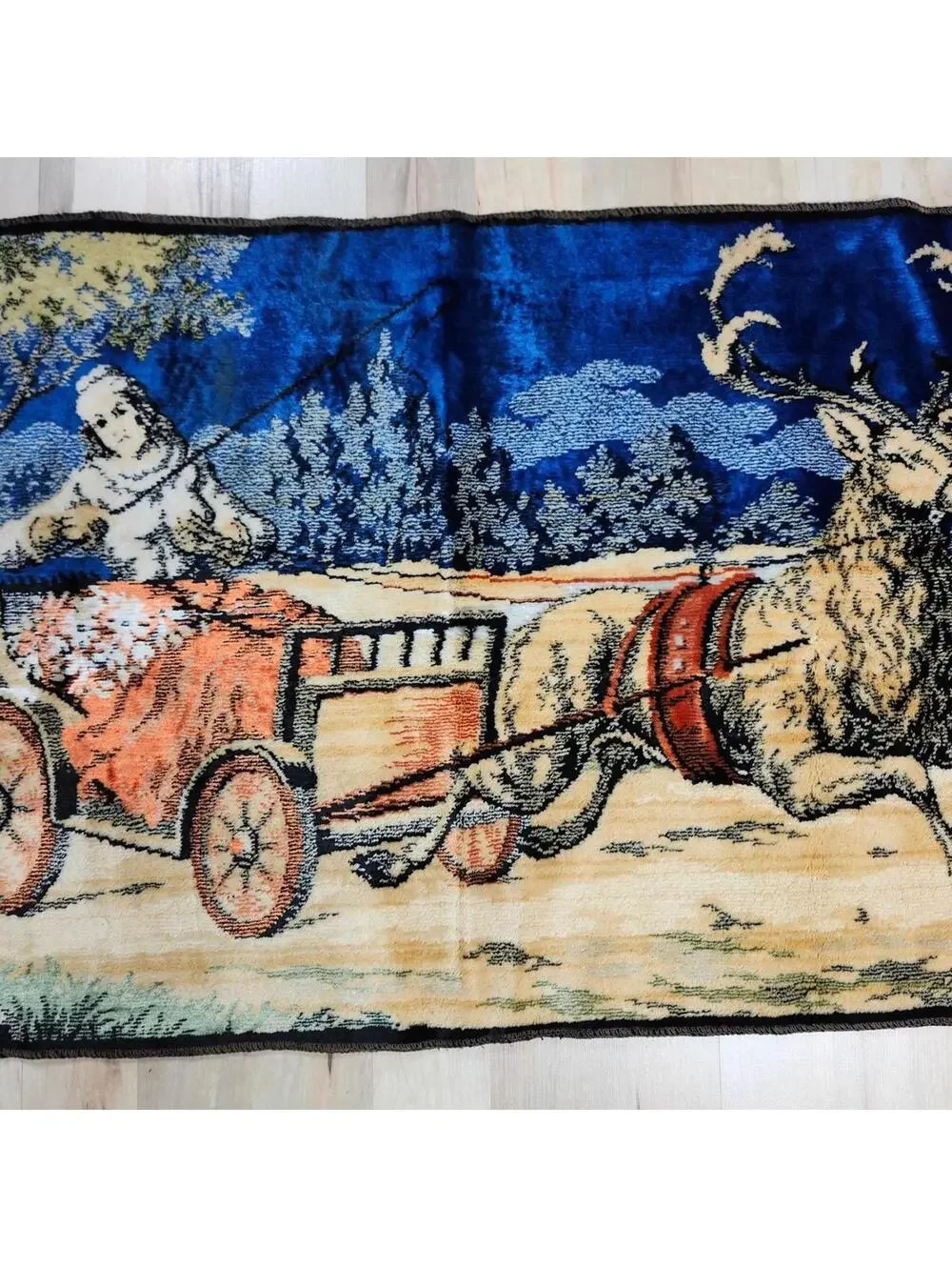 Vintage Tapestry Rug with Deer and Carriage Scene